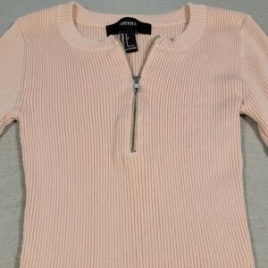 Forever 21 Bodycon Dress Midi Pink Ribbed Knit Long Sleeve Half Zip Y2K Vibes‎